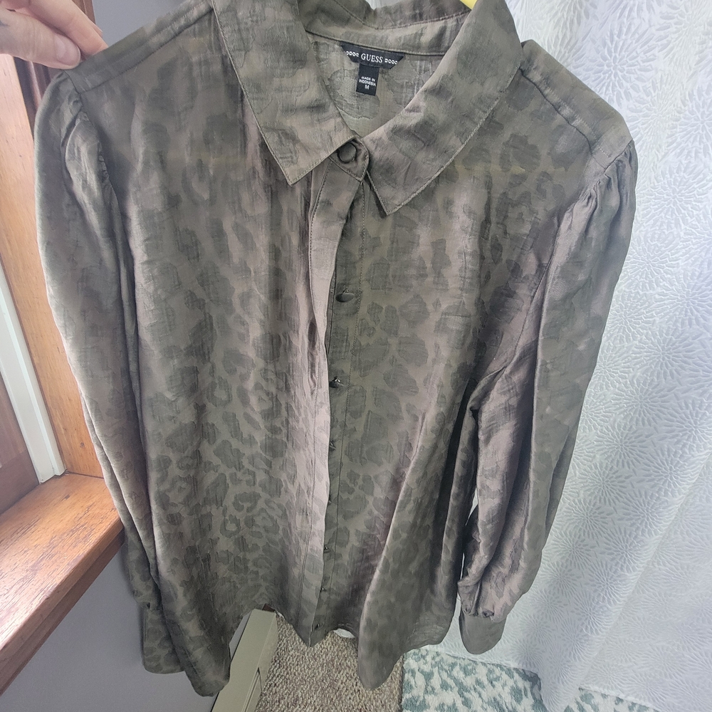 GUESS Olive Green Leopard-Print Button-Down Shirt